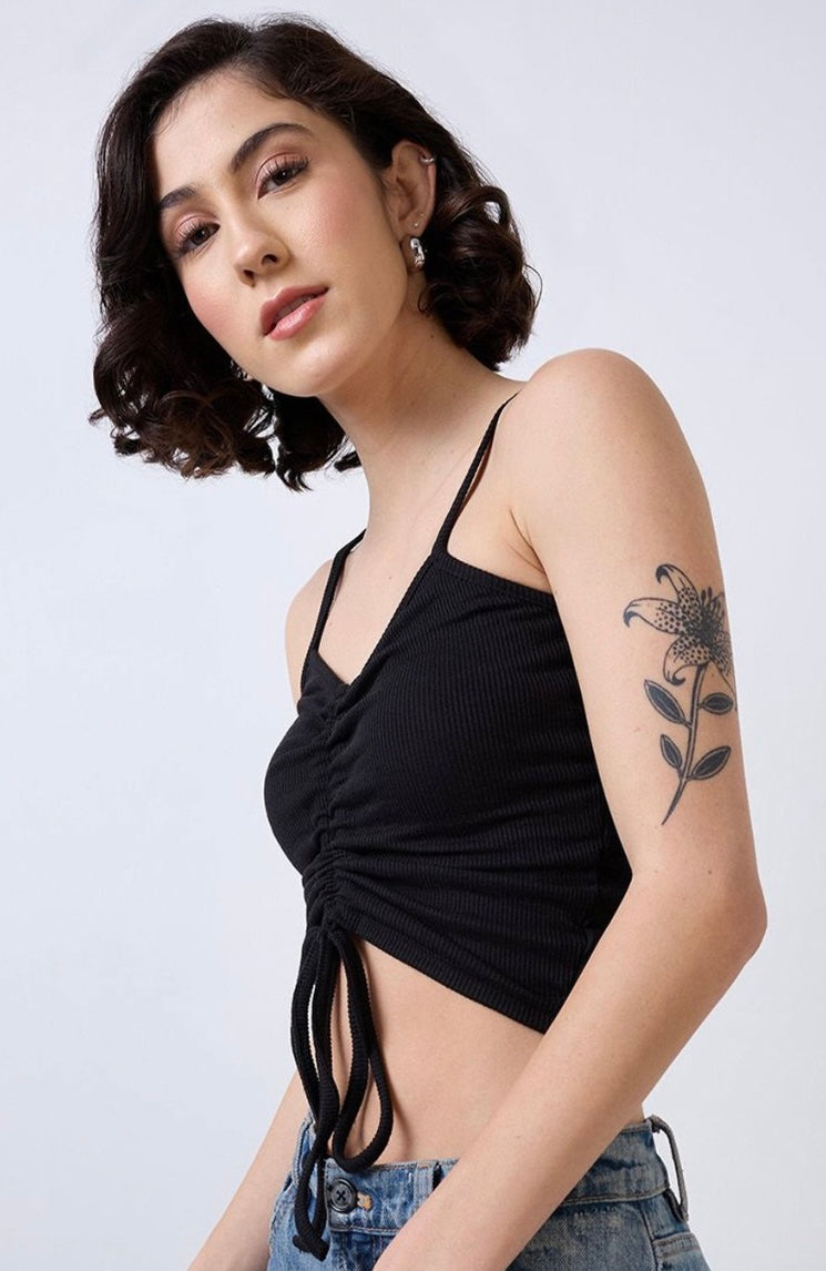 Vlantix Women Black Ribbed High Square Neck Crop Tank Top