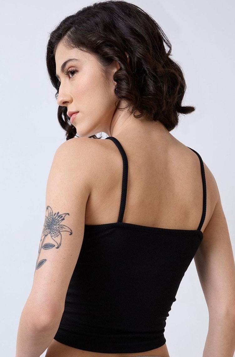 Vlantix Women Black Ribbed High Square Neck Crop Tank Top