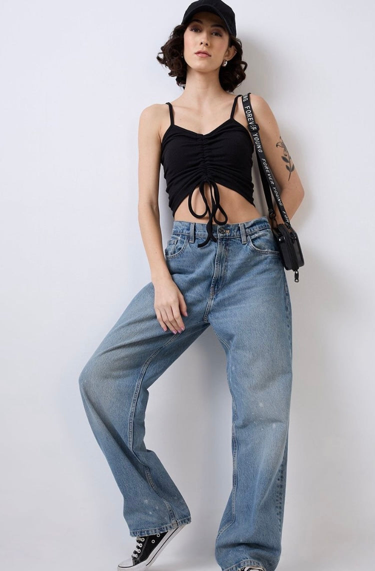 Vlantix Women Black Ribbed High Square Neck Crop Tank Top