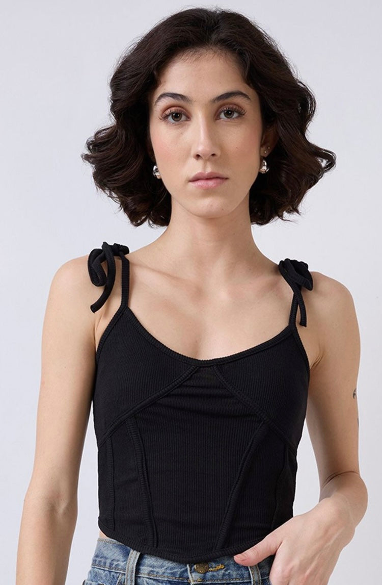 Vlantix Women Black Ribbed Corset-Style Seamed Crop Tank Top