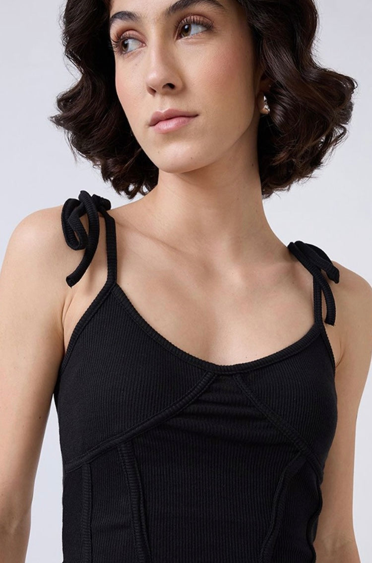 Vlantix Women Black Ribbed Corset-Style Seamed Crop Tank Top