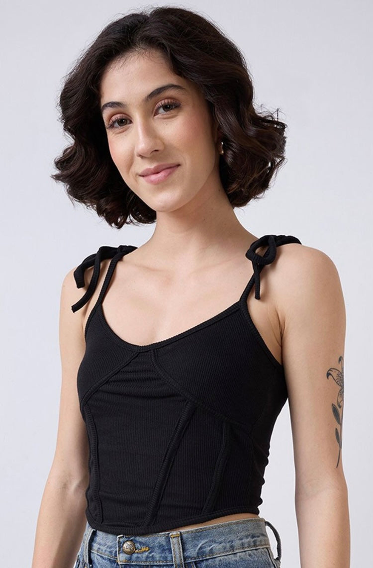 Vlantix Women Black Ribbed Corset-Style Seamed Crop Tank Top