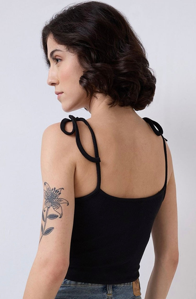 Vlantix Women Black Ribbed Corset-Style Seamed Crop Tank Top
