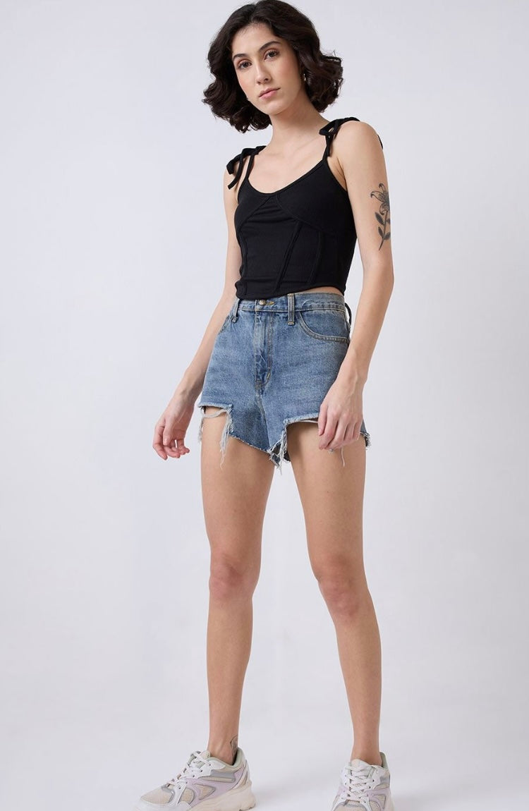 Vlantix Women Black Ribbed Corset-Style Seamed Crop Tank Top