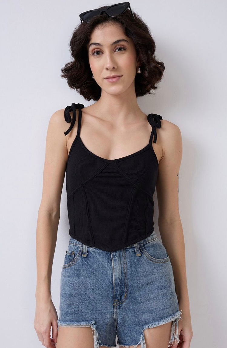 Vlantix Women Black Ribbed Corset-Style Seamed Crop Tank Top