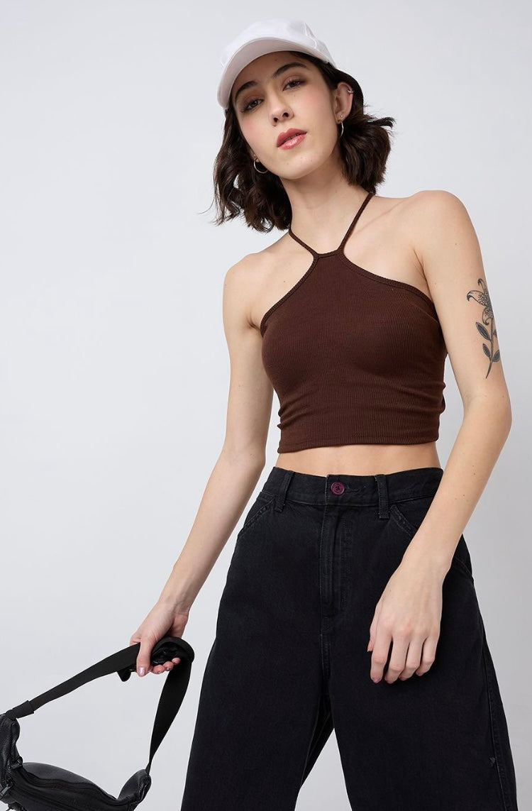 Vlantix Women Brown Ribbed Tie-Up Halter Neck Crop Top