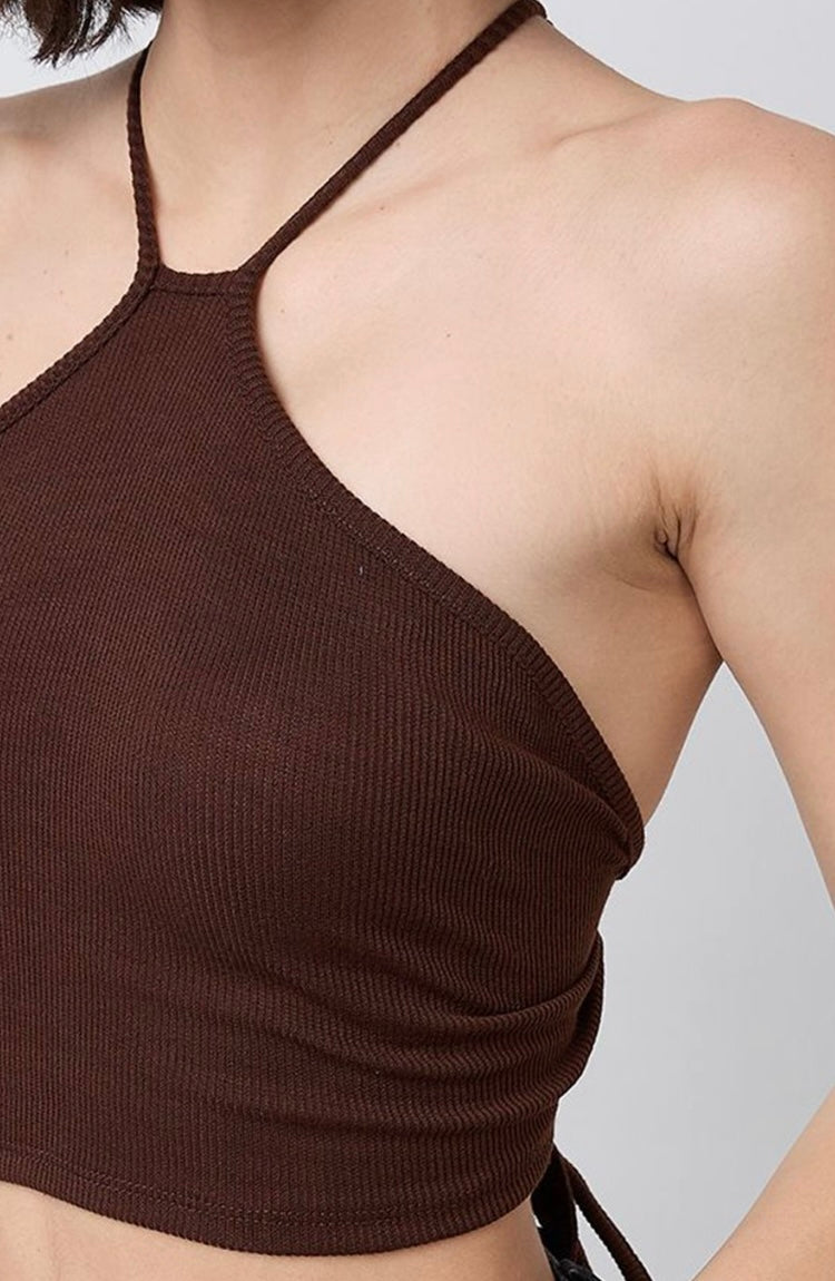 Vlantix Women Brown Ribbed Tie-Up Halter Neck Crop Top