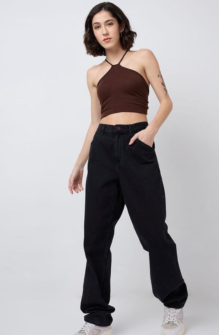 Vlantix Women Brown Ribbed Tie-Up Halter Neck Crop Top