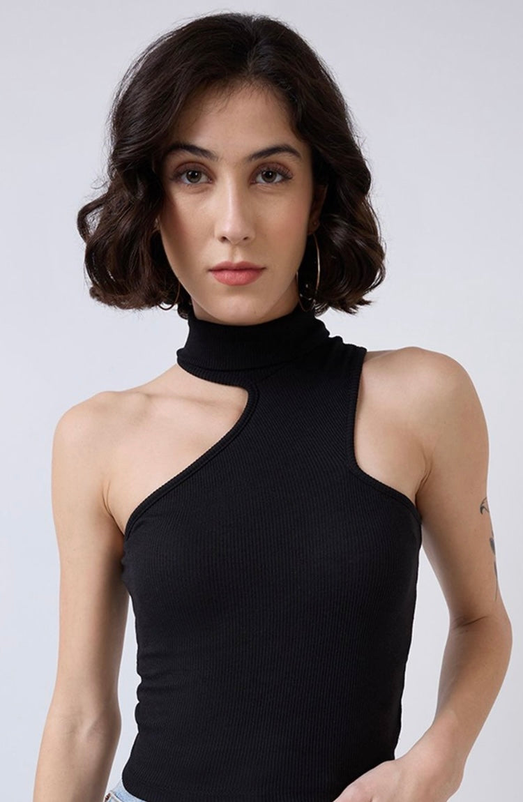 Vlantix Women Black Ribbed Asymmetric Cut-Out High Neck Top