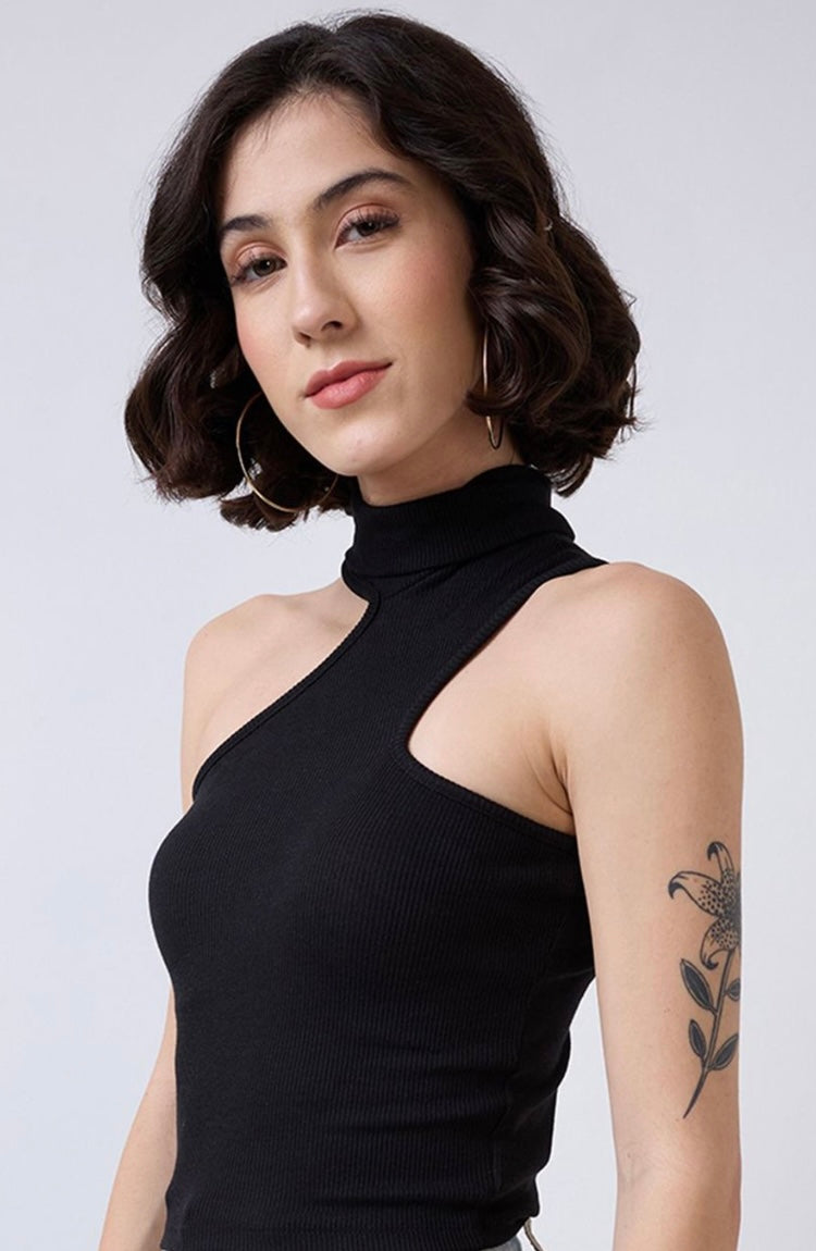 Vlantix Women Black Ribbed Asymmetric Cut-Out High Neck Top