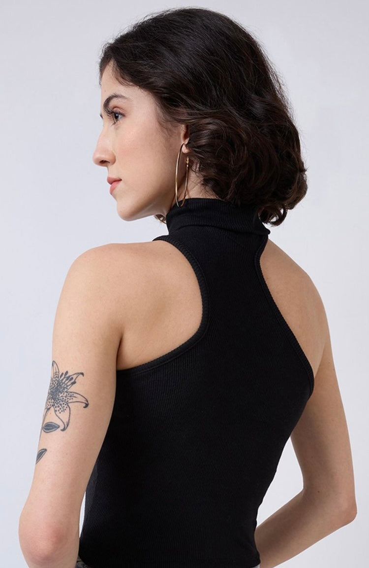 Vlantix Women Black Ribbed Asymmetric Cut-Out High Neck Top