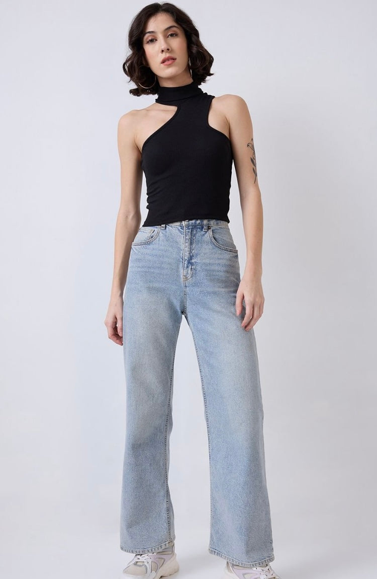 Vlantix Women Black Ribbed Asymmetric Cut-Out High Neck Top