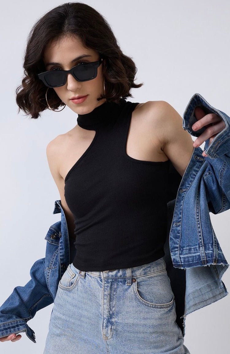 Vlantix Women Black Ribbed Asymmetric Cut-Out High Neck Top